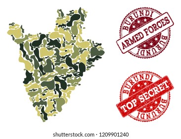 Military camouflage combination of map of Burundi and red grunge stamps. Vector top secret and armed forces watermarks with retro rubber texture. Army flat design for military illustrations.