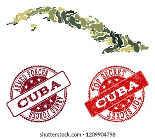 Military camouflage combination of map of Cuba Island and red rubber seals. Vector top secret and armed forces imprints with corroded rubber texture. Army flat design for military templates.