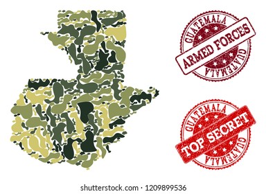 Military camouflage combination of map of Guatemala and red grunge seals. Vector top secret and armed forces seals with unclean rubber texture. Army flat design for military illustrations.