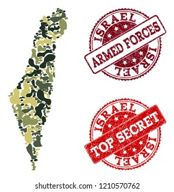 Military camouflage combination of map of Israel and red textured seal stamps. Vector top secret and armed forces watermarks with retro rubber texture. Army flat design for military illustrations.