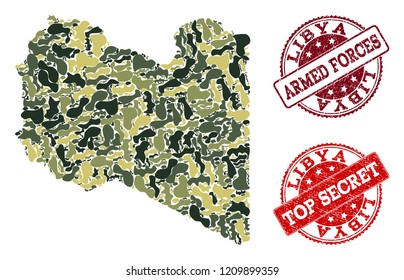 Military camouflage combination of map of Libya and red unclean stamps. Vector top secret and armed forces seals with distress rubber texture. Army flat design for military illustrations.