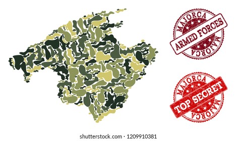 Military camouflage combination of map of Majorca and red grunge stamps. Vector top secret and armed forces seals with grunge rubber texture. Army flat design for patriotic purposes.