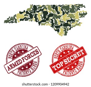 Military camouflage combination of map of North Carolina State and red unclean seals. Vector top secret and armed forces seals with unclean rubber texture. Army flat design for military posters.