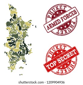 Military camouflage combination of map of Phuket and red unclean seal stamps. Vector top secret and armed forces watermarks with unclean rubber texture. Army flat design for military templates.