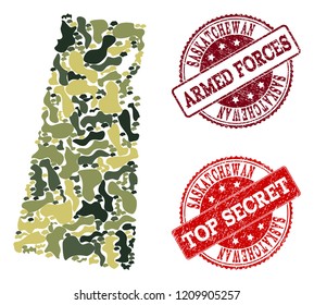 Military camouflage combination of map of Saskatchewan Province and red scratched seals. Vector top secret and armed forces watermarks with scratched rubber texture.