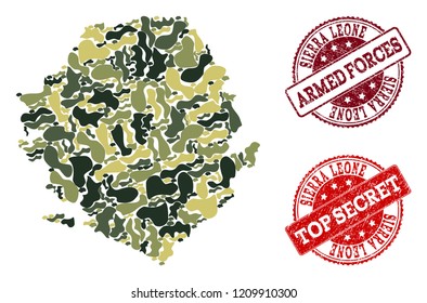 Military camouflage combination of map of Sierra Leone and red dirty seals. Vector top secret and armed forces seals with corroded rubber texture. Army flat design for military posters.