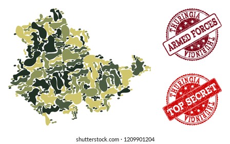 Military camouflage combination of map of Thuringia State and red corroded seals. Vector top secret and armed forces seals with corroded rubber texture. Army flat design for political purposes.