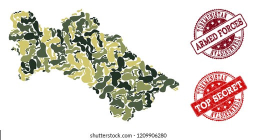 Military camouflage combination of map of Turkmenistan and red scratched seals. Vector top secret and armed forces seals with retro rubber texture. Army flat design for political posters.