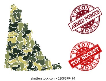 Military camouflage combination of map of Yukon Province and red rubber stamps. Vector top secret and armed forces imprints with distress rubber texture. Army flat design for military purposes.