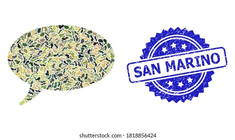 Military camouflage combination of message cloud, and San Marino dirty rosette seal print. Blue stamp seal contains San Marino title inside rosette.