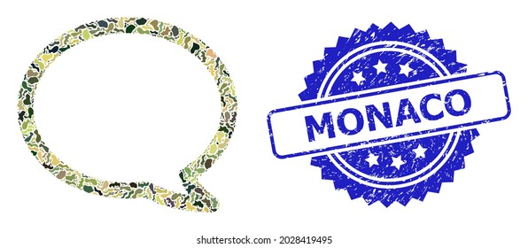 Military camouflage combination of message cloud, and Monaco dirty rosette seal imitation. Blue seal contains Monaco text inside rosette. Mosaic message cloud designed with camouflage texture.