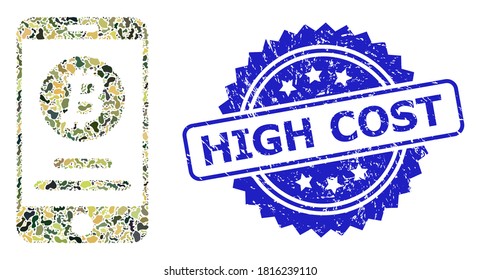 Military camouflage combination of mobile bitcoin account, and High Cost scratched rosette seal imitation. Blue seal has High Cost text inside rosette.