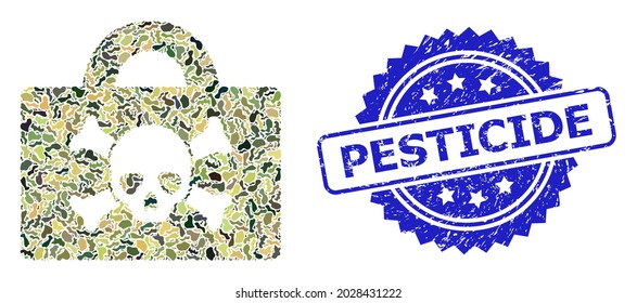 Military camouflage combination of mortal case, and Pesticide unclean rosette stamp seal. Blue stamp seal has Pesticide text inside rosette. Mosaic mortal case constructed with camouflage spots.