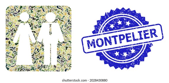 Military camouflage combination of newlyweds, and Montpelier grunge rosette stamp seal. Blue stamp seal has Montpelier title inside rosette. Mosaic newlyweds designed with camouflage elements.