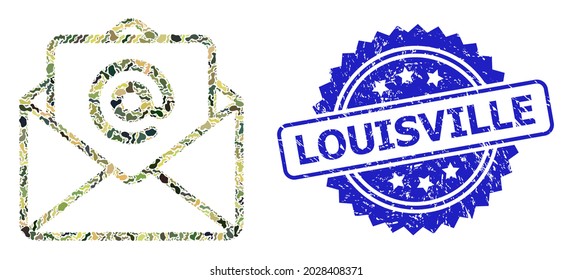 Military camouflage combination of open e-mail, and Louisville textured rosette seal imitation. Blue stamp seal has Louisville title inside rosette. Mosaic open e-mail designed with camouflage items.