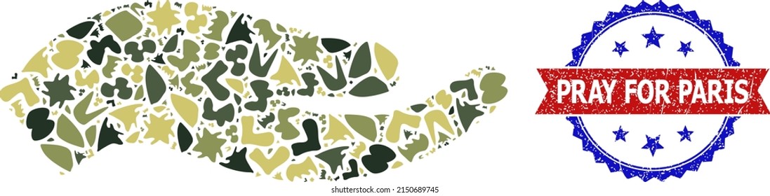 Military camouflage combination of petition hand icon, and bicolor unclean Pray for Paris seal. Vector watermark with Pray for Paris tag inside red ribbon and blue rosette, unclean bicolored style.