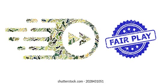 Military camouflage combination of play forward, and Fair Play corroded rosette seal imitation. Blue seal has Fair Play caption inside rosette. Mosaic play forward constructed with camouflage spots.