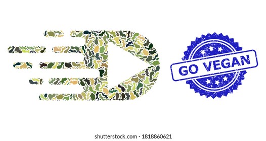 Military camouflage combination of play function, and Go Vegan scratched rosette seal. Blue seal contains Go Vegan tag inside rosette. Mosaic play function designed with camouflage spots.