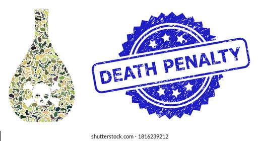 Military camouflage combination of poison jug, and Death Penalty corroded rosette stamp seal. Blue stamp seal has Death Penalty title inside rosette.