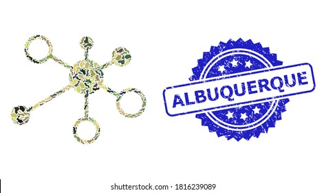 Military camouflage combination of relations, and Albuquerque textured rosette stamp seal. Blue stamp seal contains Albuquerque tag inside rosette. Mosaic relations constructed with camouflage items.