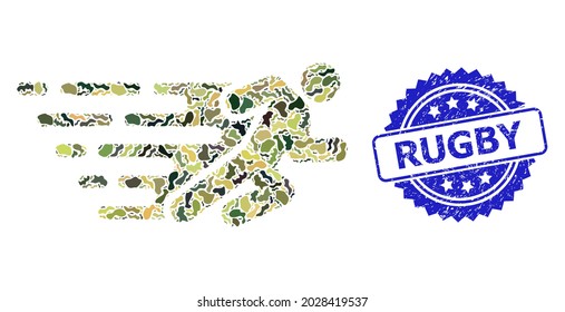 Military camouflage combination of running man, and Rugby corroded rosette seal print. Blue stamp seal includes Rugby tag inside rosette. Mosaic running man designed with camouflage elements.