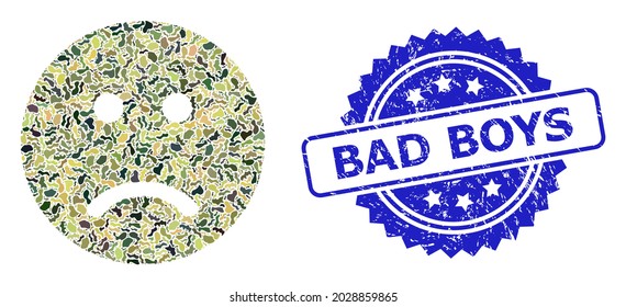 Military camouflage combination of sad smiley, and Bad Boys scratched rosette seal imitation. Blue stamp seal contains Bad Boys text inside rosette. Mosaic sad smiley designed with camouflage texture.