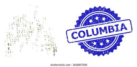 Military camouflage combination of sand swarm, and Columbia unclean rosette watermark. Blue seal has Columbia title inside rosette. Mosaic sand swarm designed with camouflage spots.