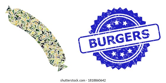 Military camouflage combination of sausage, and Burgers dirty rosette stamp seal. Blue stamp includes Burgers text inside rosette. Mosaic sausage designed with camouflage elements.