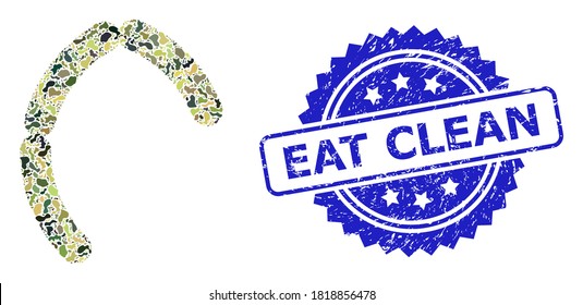 Military camouflage combination of sausages, and Eat Clean corroded rosette stamp seal. Blue stamp seal contains Eat Clean caption inside rosette. Mosaic sausages designed with camouflage elements.