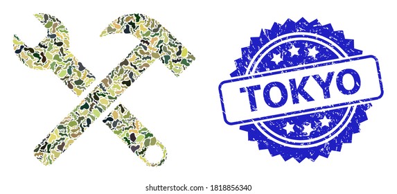 Military camouflage combination of service tools, and Tokyo grunge rosette seal print. Blue seal includes Tokyo text inside rosette. Mosaic service tools designed with camouflage elements.
