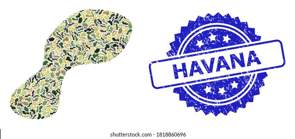 Military camouflage combination of spot, and Havana rubber rosette stamp seal. Blue stamp seal has Havana title inside rosette. Mosaic spot constructed with camo texture.