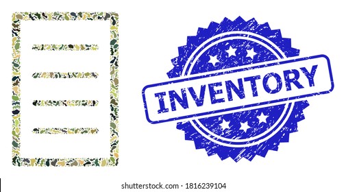 Military camouflage combination of text page, and Inventory grunge rosette seal. Blue stamp seal includes Inventory tag inside rosette. Mosaic text page designed with camouflage items.