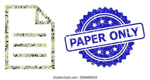 Military camouflage combination of text page, and Paper Only corroded rosette stamp seal. Blue seal has Paper Only caption inside rosette. Mosaic text page designed with camouflage elements.