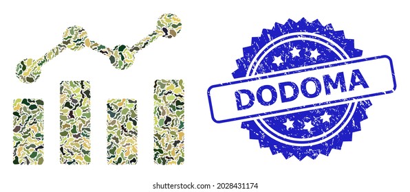 Military camouflage combination of trend chart, and Dodoma corroded rosette stamp seal. Blue stamp seal contains Dodoma text inside rosette. Mosaic trend chart constructed with camouflage items.