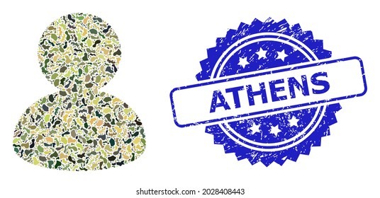 Military camouflage combination of user, and Athens grunge rosette seal. Blue stamp seal has Athens caption inside rosette. Mosaic user constructed with camouflage texture.