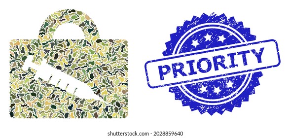 Military camouflage combination of vaccine case, and Priority scratched rosette seal. Blue seal includes Priority tag inside rosette. Mosaic vaccine case constructed with camouflage spots.