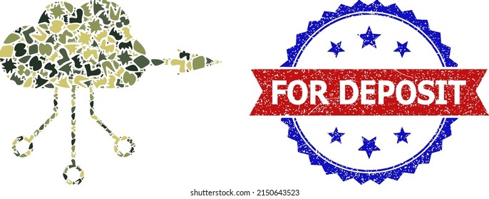 Military camouflage combination of VPN cloud icon, and bicolor grunge For Deposit stamp. Vector imprint with For Deposit text inside red ribbon and blue rosette, grunge bicolored style.