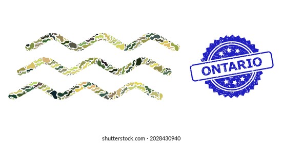 Military camouflage combination of water waves, and Ontario dirty rosette seal imitation. Blue stamp seal contains Ontario text inside rosette. Mosaic water waves designed with camouflage spots.