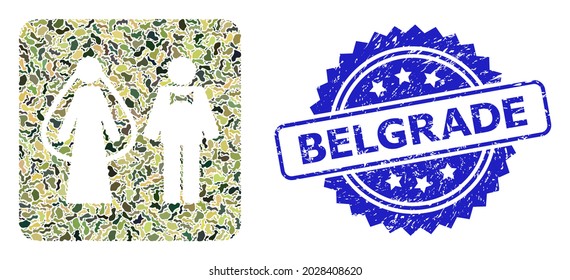 Military camouflage combination of weds persons, and Belgrade dirty rosette stamp. Blue stamp seal has Belgrade tag inside rosette. Mosaic weds persons constructed with camouflage texture.