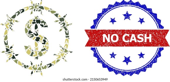 Military Camouflage Composition Of Barbed Wire Dollar Icon, And Bicolor Textured No Cash Seal. Vector Seal With No Cash Caption Inside Red Ribbon And Blue Rosette, Corroded Bicolored Style.