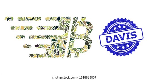 Military camouflage composition of bitcoin, and Davis scratched rosette seal imitation. Blue stamp seal has Davis tag inside rosette. Mosaic bitcoin constructed with camouflage spots.