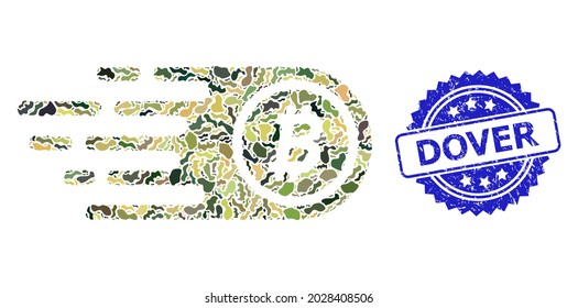 Military camouflage composition of bitcoin, and Dover grunge rosette stamp seal. Blue stamp seal has Dover title inside rosette. Mosaic bitcoin designed with camouflage elements.