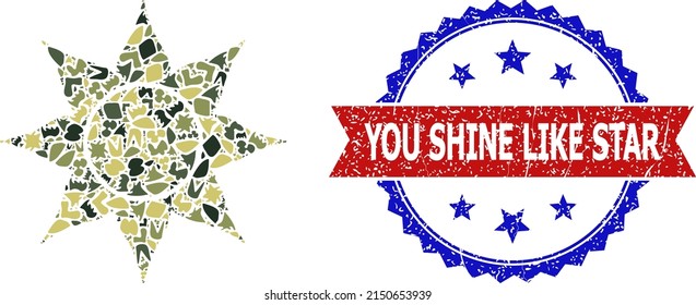 Military camouflage composition of black sun icon, and bicolor unclean You Shine Like Star seal stamp. Vector seal with You Shine Like Star tag inside red ribbon and blue rosette,
