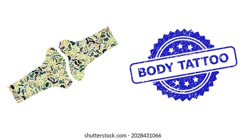 Military camouflage composition of bone joint, and Body Tattoo corroded rosette seal imitation. Blue stamp seal has Body Tattoo text inside rosette.