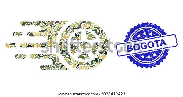 Military
camouflage composition of car wheel, and Bogota textured rosette
stamp seal. Blue seal includes Bogota caption inside rosette.
Mosaic car wheel designed with camouflage
spots.