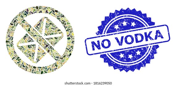 Military camouflage composition of censored mail, and No Vodka dirty rosette seal imitation. Blue stamp seal contains No Vodka caption inside rosette.