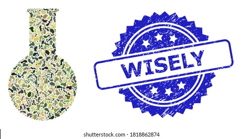 Military camouflage composition of chemical flask, and Wisely scratched rosette seal print. Blue stamp seal has Wisely text inside rosette. Mosaic chemical flask designed with camouflage spots.