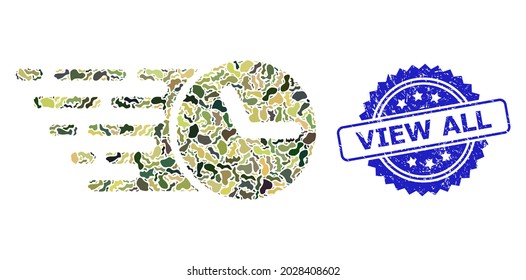 Militärische Tarnung Zusammensetzung der Uhr, und View All unklare Rosette Stempel-Siegel. Blauer Stempel enthält Alle Texte innerhalb von Rosette anzeigen. Mosaikuhr, konstruiert mit Tarnelementen.
