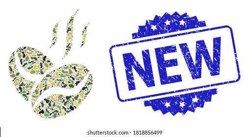 Military camouflage composition of coffee beans aroma, and New grunge rosette seal imitation. Blue seal has New title inside rosette. Mosaic coffee beans aroma designed with camouflage items.