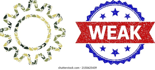 Military camouflage composition of contour gear icon, and bicolor grunge Weak seal. Vector seal with Weak text inside red ribbon and blue rosette, scratched bicolored style.